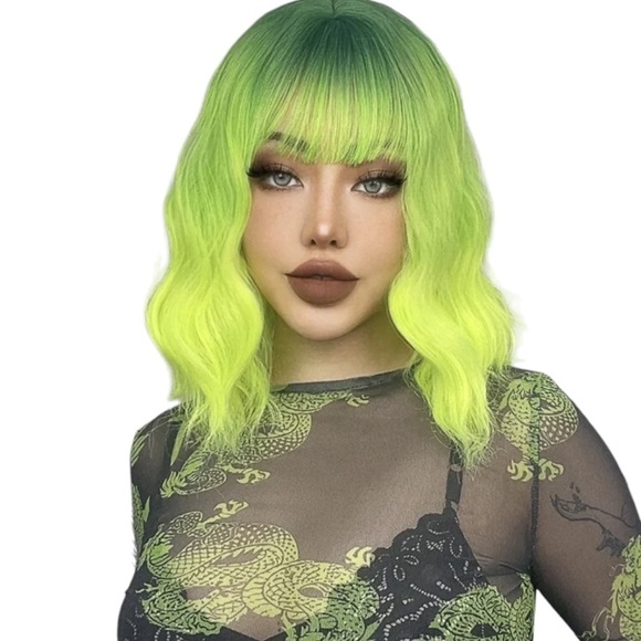 GREEN OMBRE WAVY WIG ISABELLA Green and Black Wavy Ombre Wig with Bangs - Picture 7 of 7